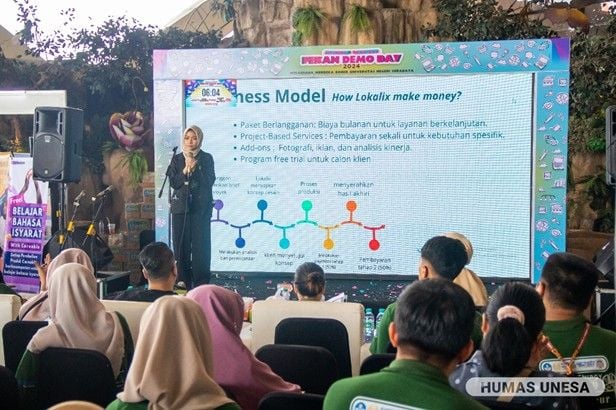 Mahasiswa program ‘BONEK UNESA’ memaparkan produk dan inovasi bisnis mereka di hadapan peserta, mitra, dan pengunjung. Kegiatan ini tidak hanya mengenalkan produk dan usaha, tetapi juga meyakinkan investor bisnis.